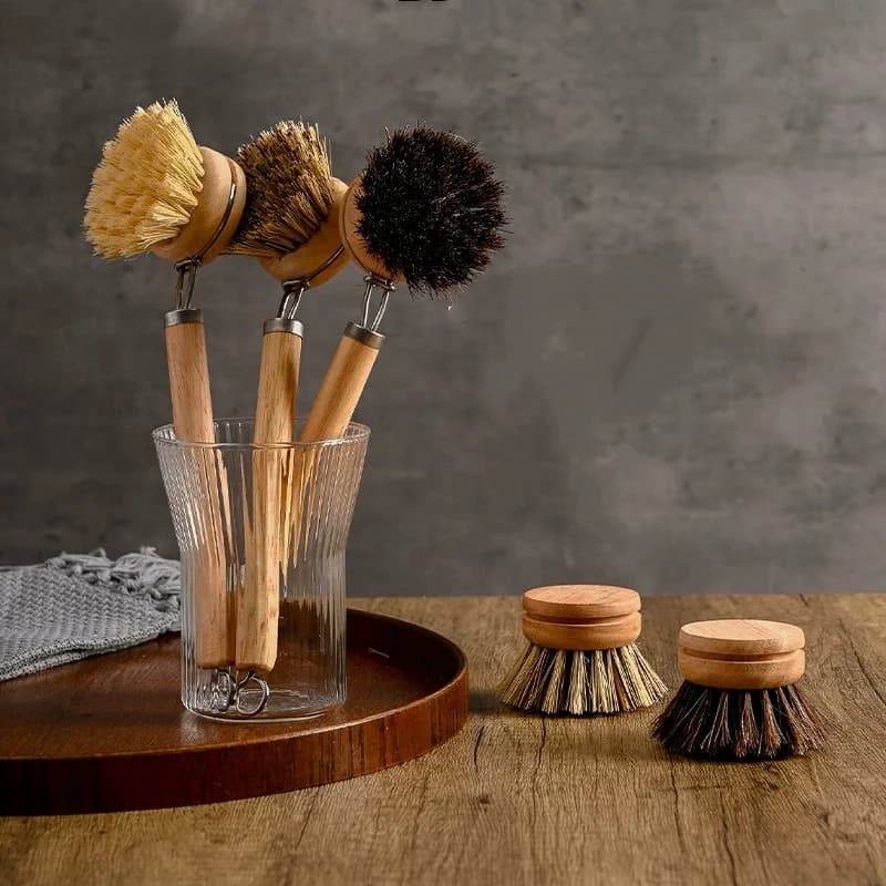 Replaceable Plate Brush with Wood Handle, Brush to Remove Macchies, Laptop Brushes, Kitchen Accessories
