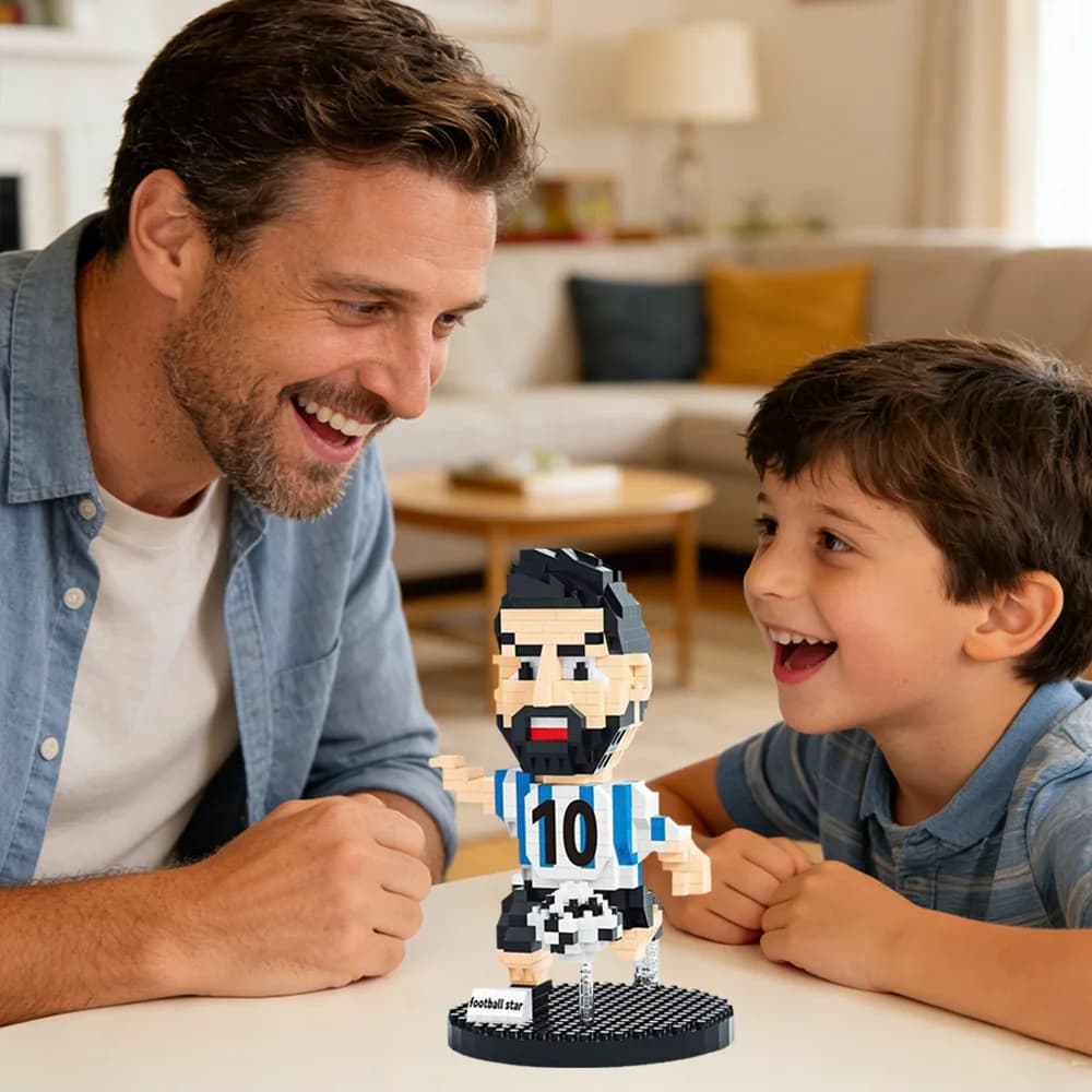 Set of construction blocks Messi with framed knit mosaic, 10 # Figurine in Mattoncini of a Stella del Calcio Argentina, Collectible for Football Passions