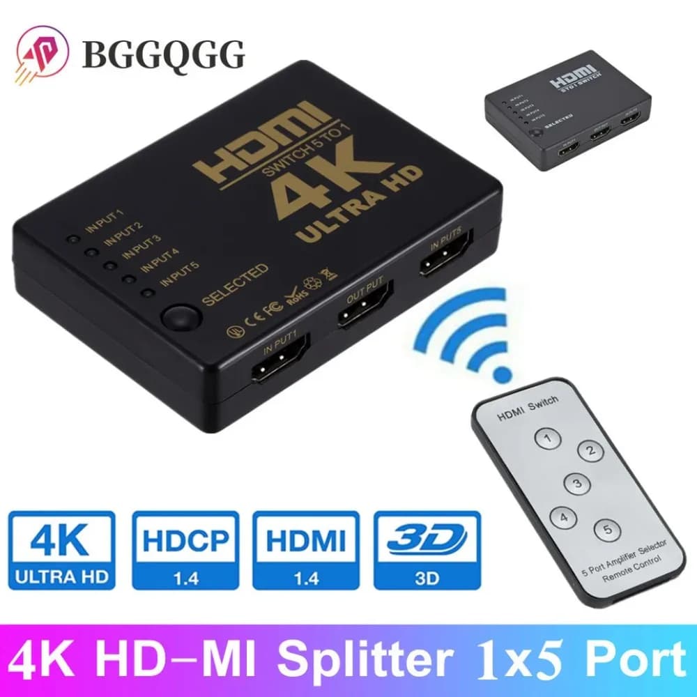 BGGQGG HD 4K HD-MI Splitter 1x5 ports 3D 4K * 2K Video for Switch Switcher 1 input 5 HUB output with remote switcher IR