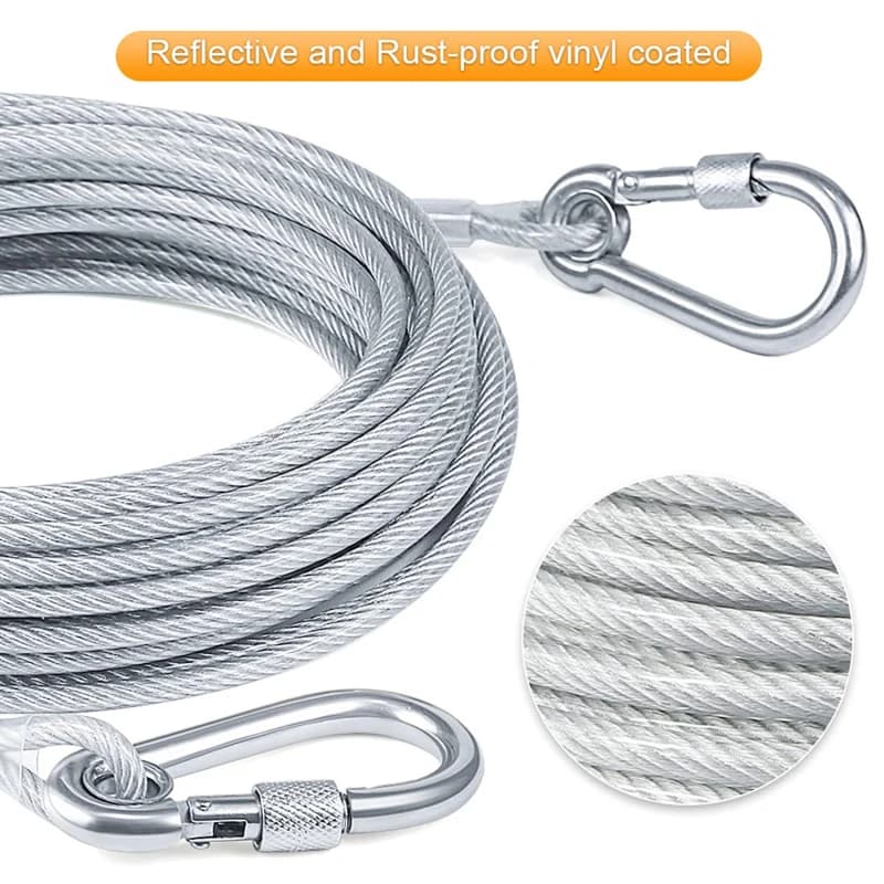 Cavo per legare il cane, guinzaglio per cani da 4,6 m/9 m/15 m, guinzaglio per passeggiate in giardino, guinzaglio per cani in filo metallico con clip premium per cani inferiori a 250 libbre