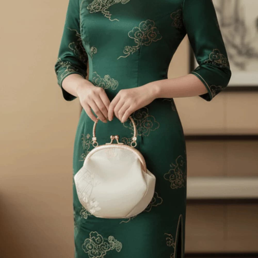 Floral Brocade Cheongsam Bag Satin Fabric Jacquard Kiss Lock Purse Mini Size Detachable Chain Embroidered Clutch Hanfu Lovers