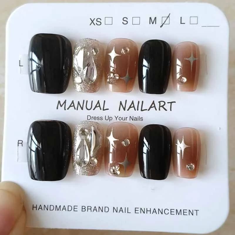 10 Pieces Cool Black Stars French Light Luxury All-Match Nail Patch Press on Nails Manicure Fin nail tips Nail Art Detachable Nail Tips