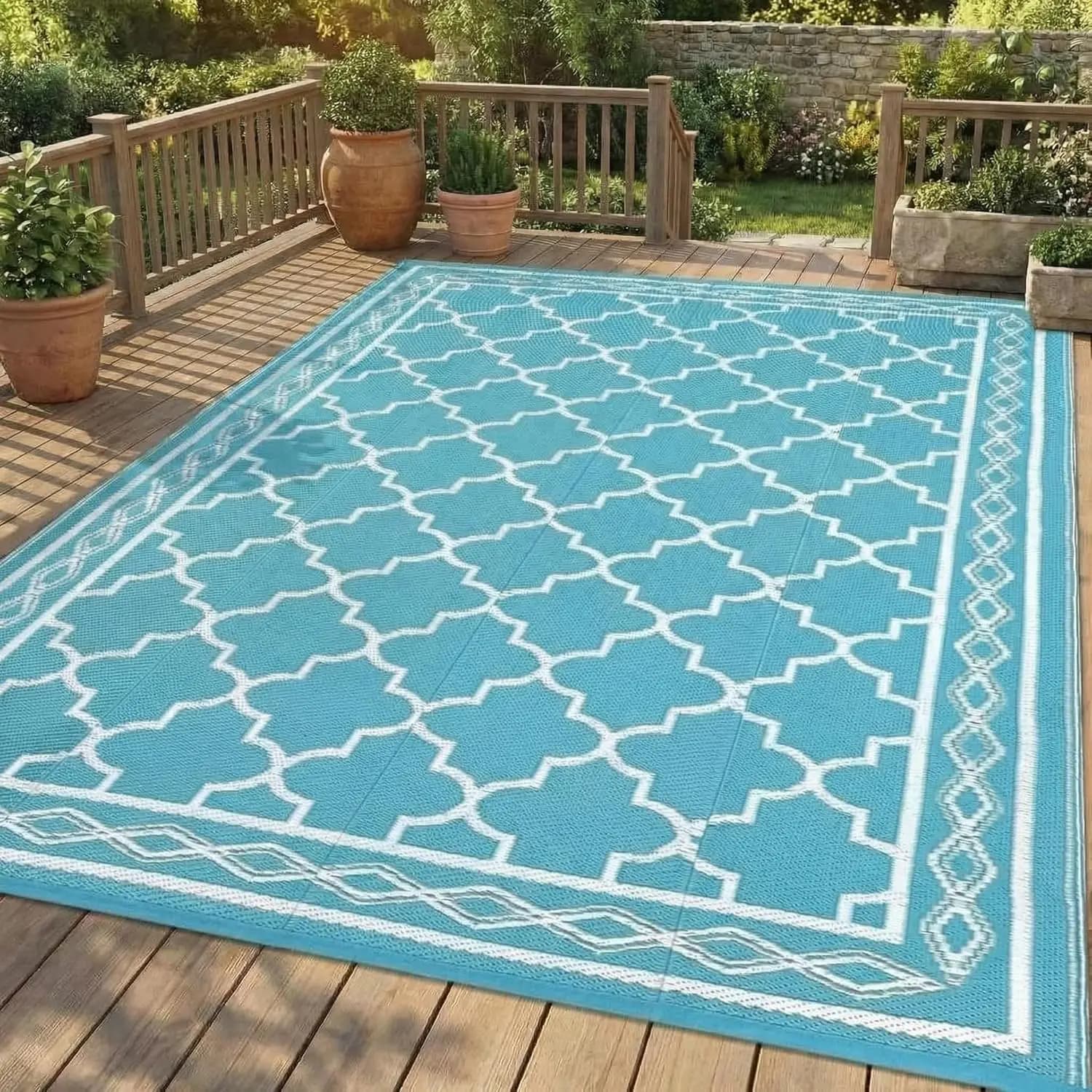 9x12 Outdoor Patio Rug – Reversible Camping Carpet, Waterproof Plastic Straw Rug, Foldable Area Mat for RV, Picnic, Backyard, Deck, Balcony, Porch, Beach (Light Blue/White)