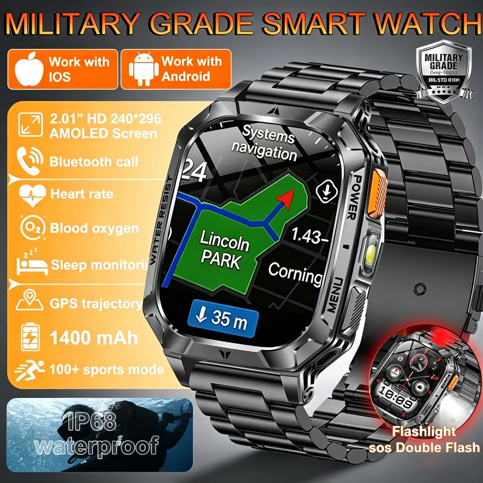 Smartwatch Robusto da Esterno con Batteria da 1400mAh, Schermo HD da 2.01", Chiamate Bluetooth, GPS, Impermeabile IP68, Torcia, SOS, Orologio Fitness per Uomo