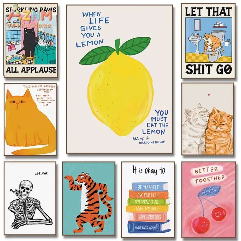 1 pz. Stampa su tela motivazionale con illustrazione simpatica di gatto e tigre Lemon Life, poster con ciliegie per soggiorno, bagno, casa