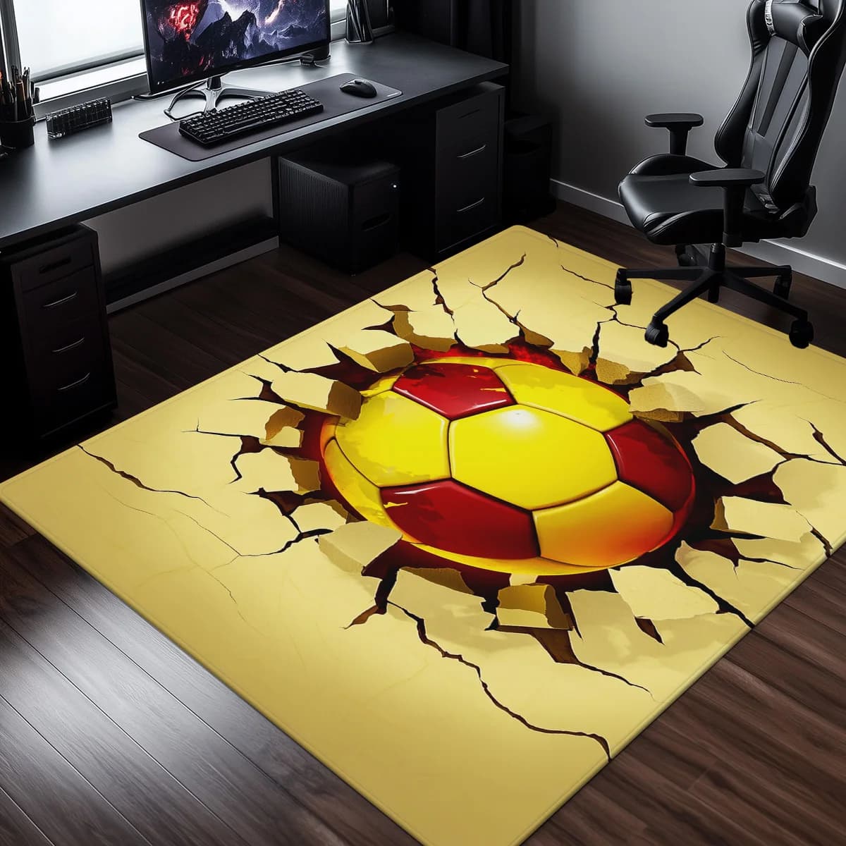 3D Football Ball That Breaks The Floor Crystal Velvet Mat Sports Theme Room Decoration Fun Gift For Football Fans Unique Carpet For House Emphasis