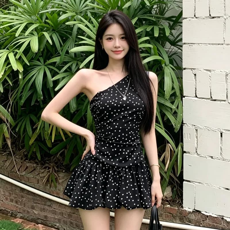 Black Polka Dot Retro Korean Style Side Shoulder Bared Sexy Pure Desire Dress Women Summer Slim Waist Flower Bud Short Skirt