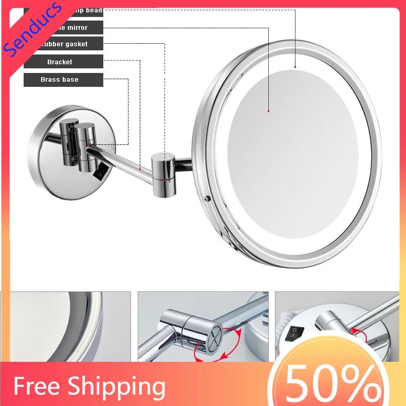 Specchio da Bagno a LED Touch Montato a Parete, Specchio da Trucco Pieghevole in Ottone con Doppio Braccio, Ingrandimento 3X, Specchio Quadrato per Bagno e Trucco