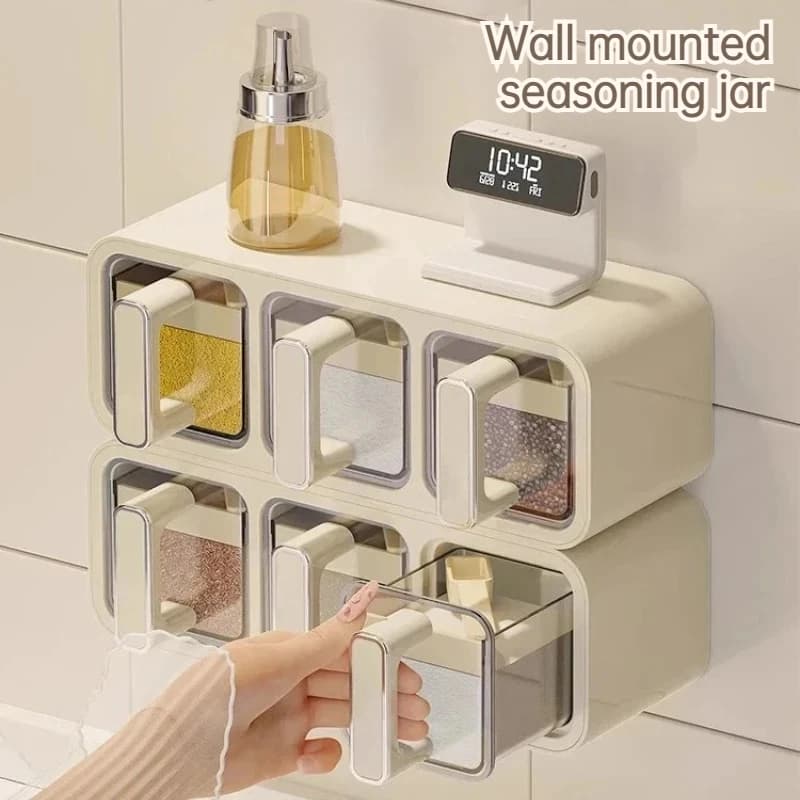 Household high-end wall mounted seasoning jar set, kitchen large capacity dust-proof and moisture-proof seasoning storage box