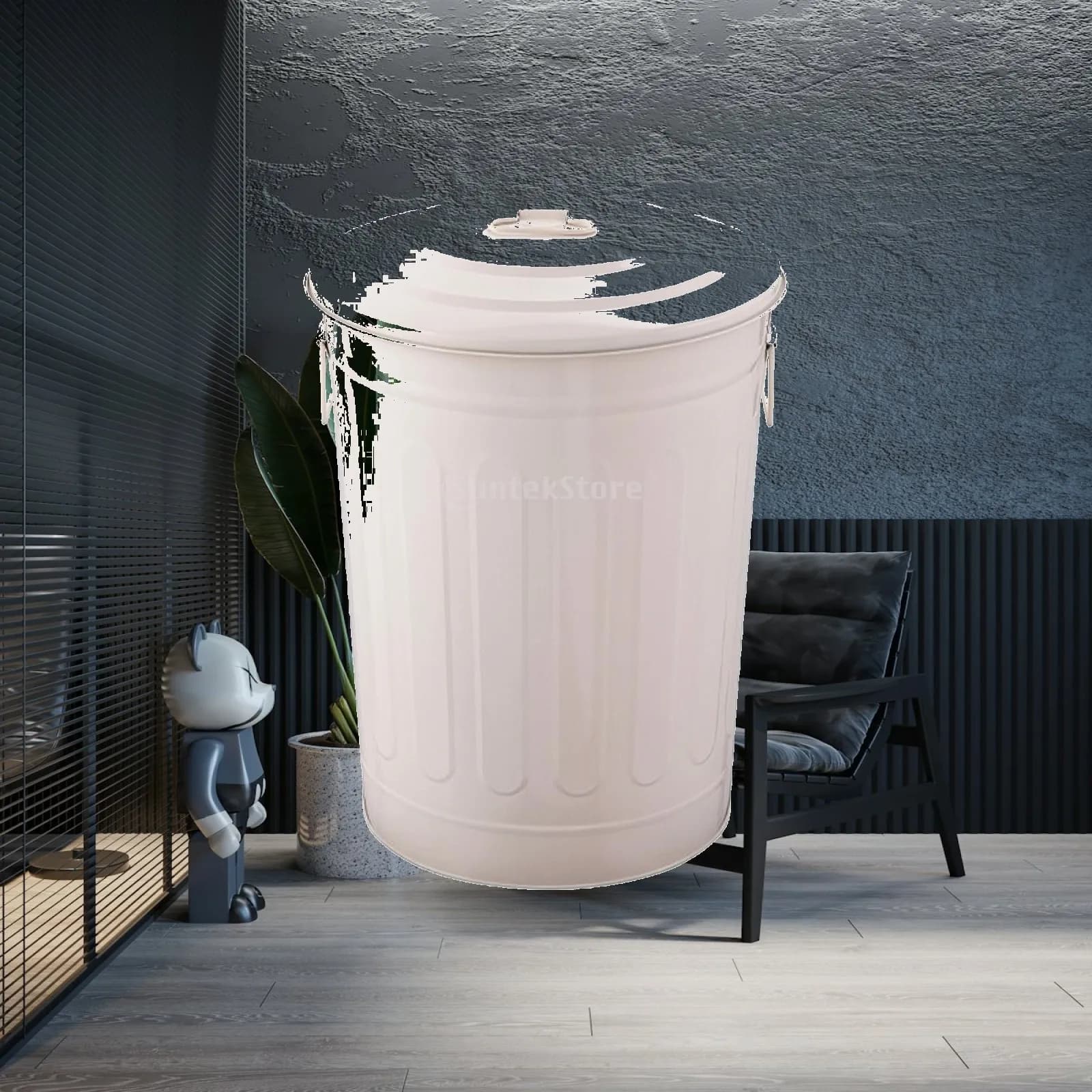 Metal Trash Can with Lid Recyclable Trash Can with Lid Ribbed Metal Bin Portable Galvanized for Outdoor, Park