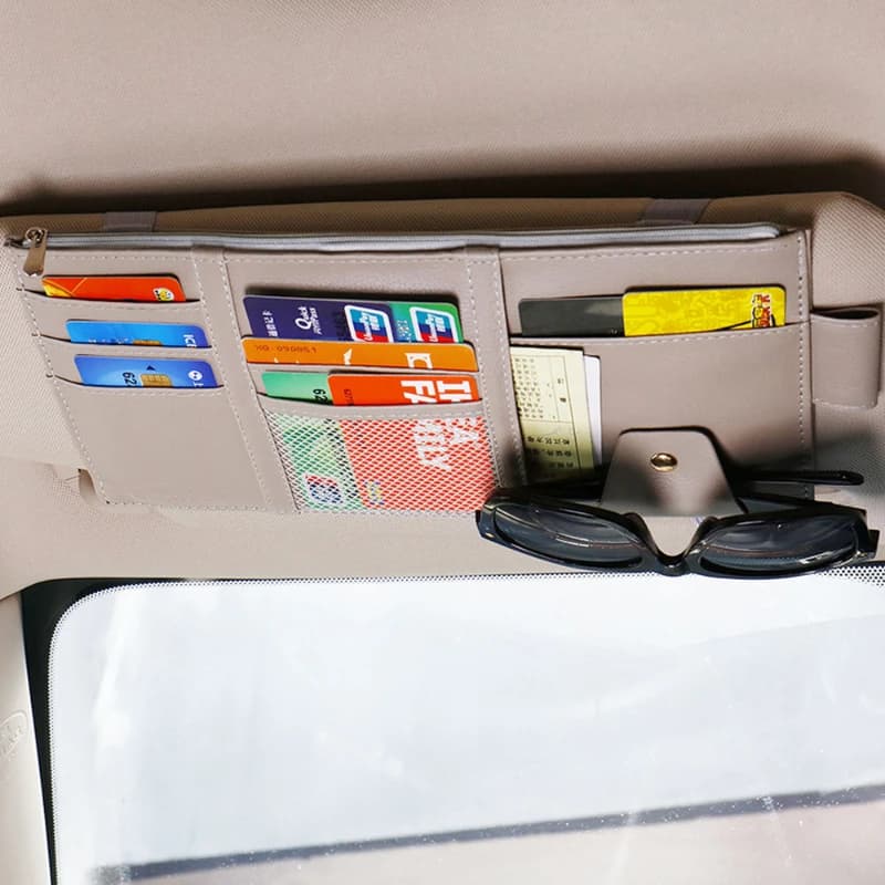 Visiera parasole per auto Organizzatore in pelle Tasca Parasole Clip Borse portaoggetti Carta in vetro Penna Clip Porta contanti Stivaggio Riordino Accessori