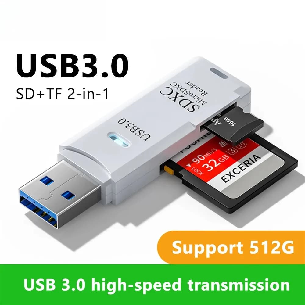 Lettore di Schede USB 3.0 2-in-1 per SD e TF, Alta Velocità, Doppio Slot per Micro SD, Accessorio per Fotocamere, PC, Laptop e Telefoni