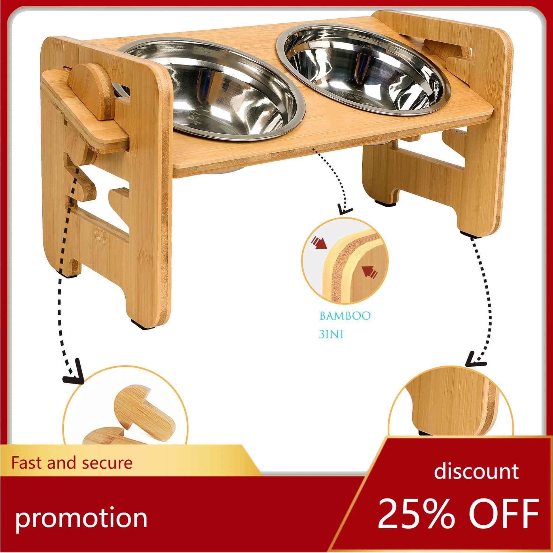 YFY pet bamboo dog bowl stand, double bowl food dish for small to medium dogs, cat and dog neck protection feeder