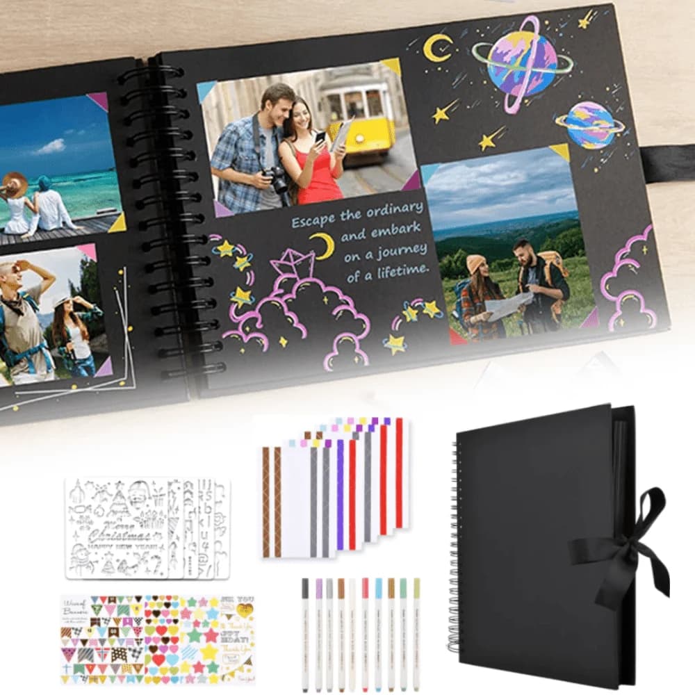 1 Pc 12x12 Inch Scrapbook Photo Album Wedding Guest Book Anniversary 80 Pages Black with DIY Accessories Kit for Craft Paper
