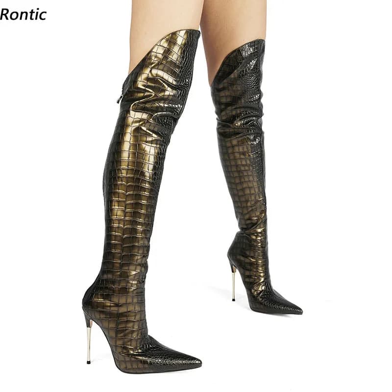 Rontic Stivali invernali sopra il ginocchio da donna fatti a mano Coccodrillo Tacchi a spillo sexy in metallo Punta a punta Scarpe da festa verdi Taglia USA 4-13