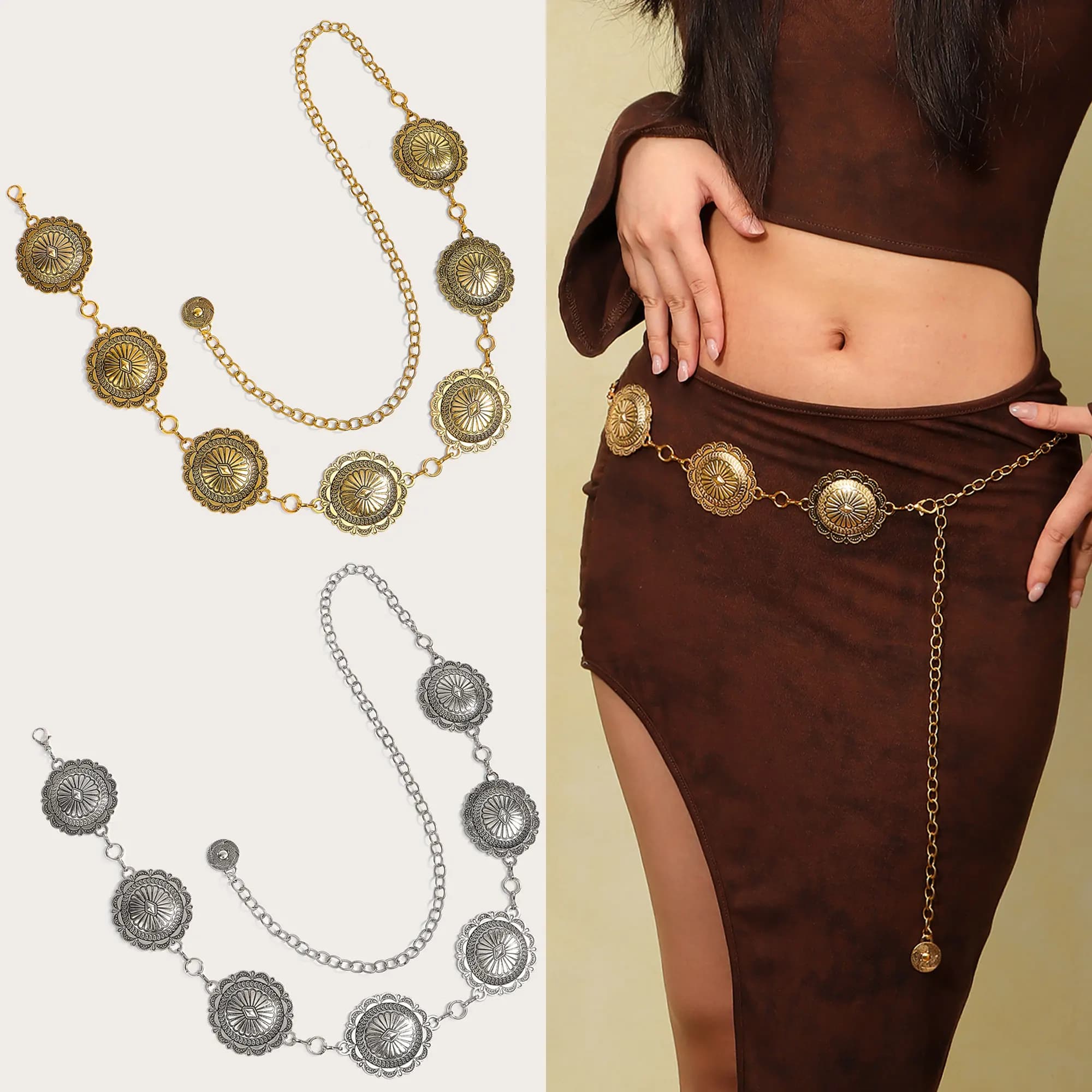 Accessorio per cintura per abito alla moda versatile e alla moda con catena in vita da donna in metallo vintage da 1 pezzo