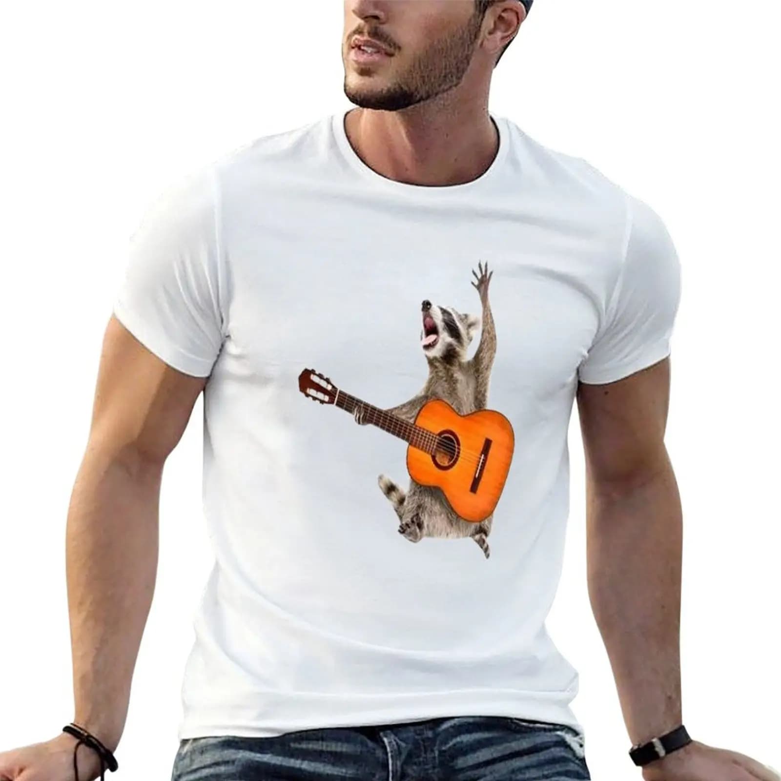 Raccoon wielding ukulele T-Shirt t shirts for man slim fit t shirts for man cotton funny t shirts man T-shirt