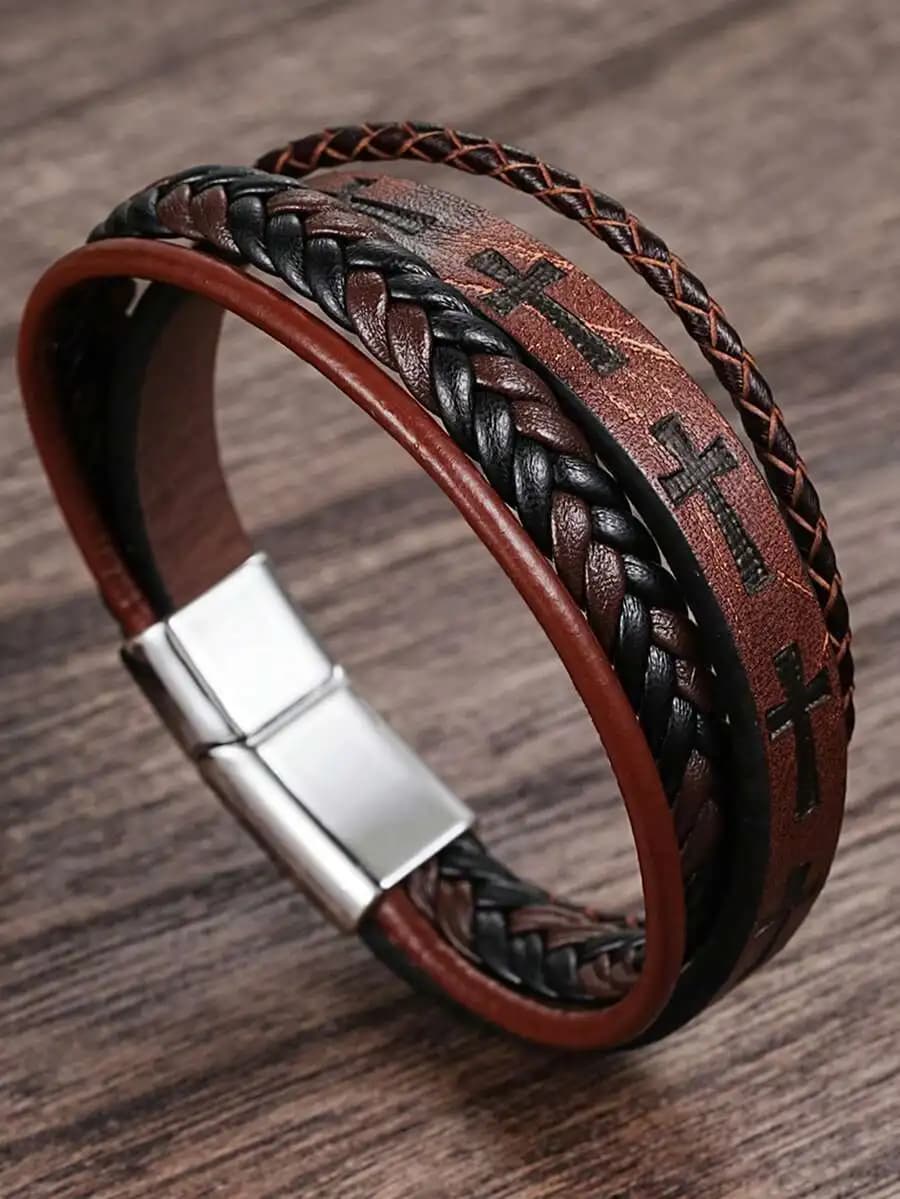 1pc Vintage Hip-Hop Leather Cross Bracelet, Versatile For Men, Suitable For Daily Wear, Birthday, Christmas, Thanksgiving, New Y
