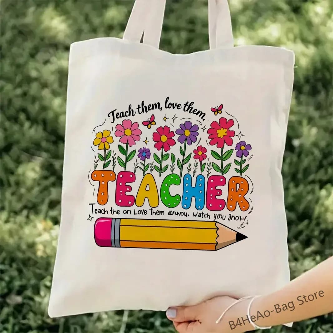 Teach Love Inspire Borse con stampa per donna Libri Apple Matita Grafica Tote Bag Moda Insegnante Regalo Borse a tracolla da spiaggia da viaggio