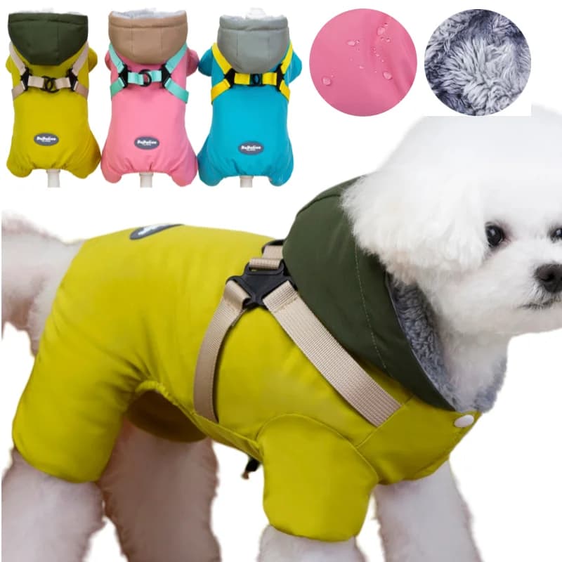 Piumino con cappuccio Giacca da tuta per cani da compagnia con imbracatura Addensare caldo inverno impermeabile Vestiti per cani per cani di piccola taglia Gatti Chihuahua