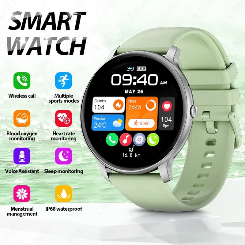 2026 LIGE New Smartwatch with Bluetooth Call, Cardiac and Oxygen Frequency Monitor in Blood, IP68 Waterproof, Female Health Smart Watch