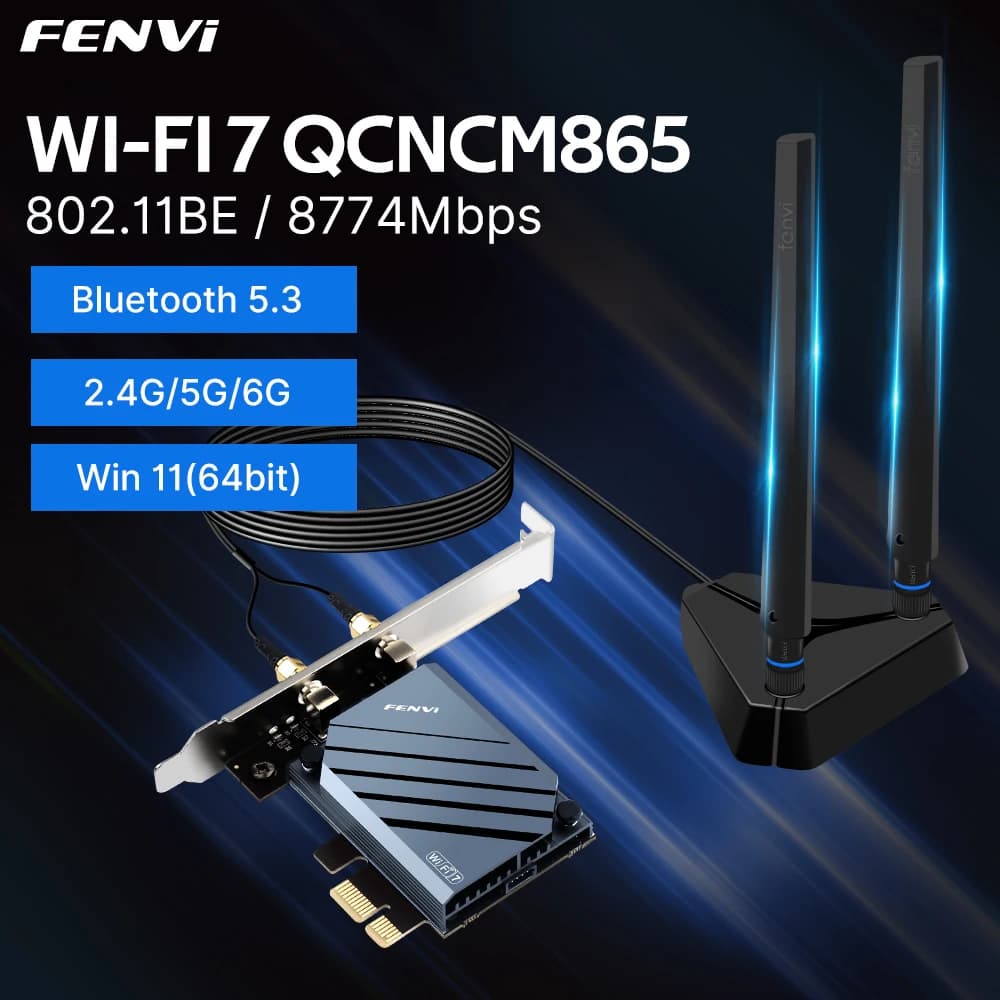 Adattatore WiFi FENVI WI-FI 7 QCNCM865 PCIE, Bluetooth 5.3, WiFi 7 fino a 5.8Gbps Tri-band con scheda wireless Qualcomm per Windows 11