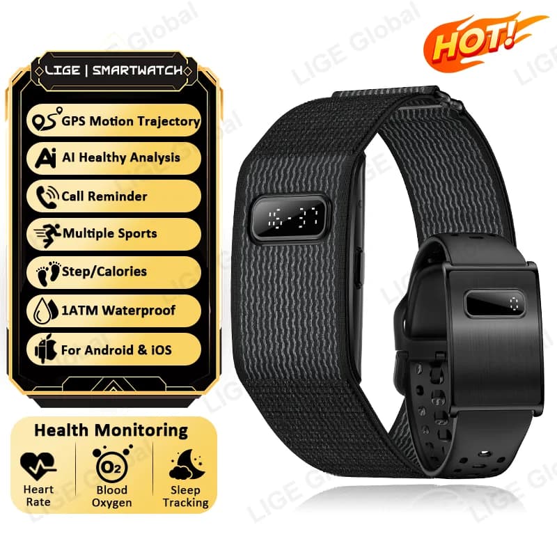 LIGE GPS Tracker per Corsa, Braccialetto Intelligente con Monitoraggio Frequenza Cardiaca e Pressione Sanguigna, Contapassi, Smartwatch Digitale Sportivo per Uomo