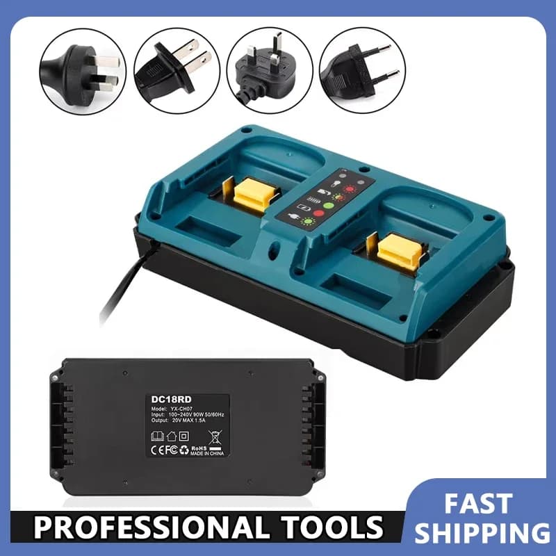 Caricabatterie Rapido per Makita 18V Li-ion Ricaricabile, Compatibile con BL1815 BL1820 BL1830, Doppio Caricatore per Makita 18V, Sostituzione con Spina EU/US