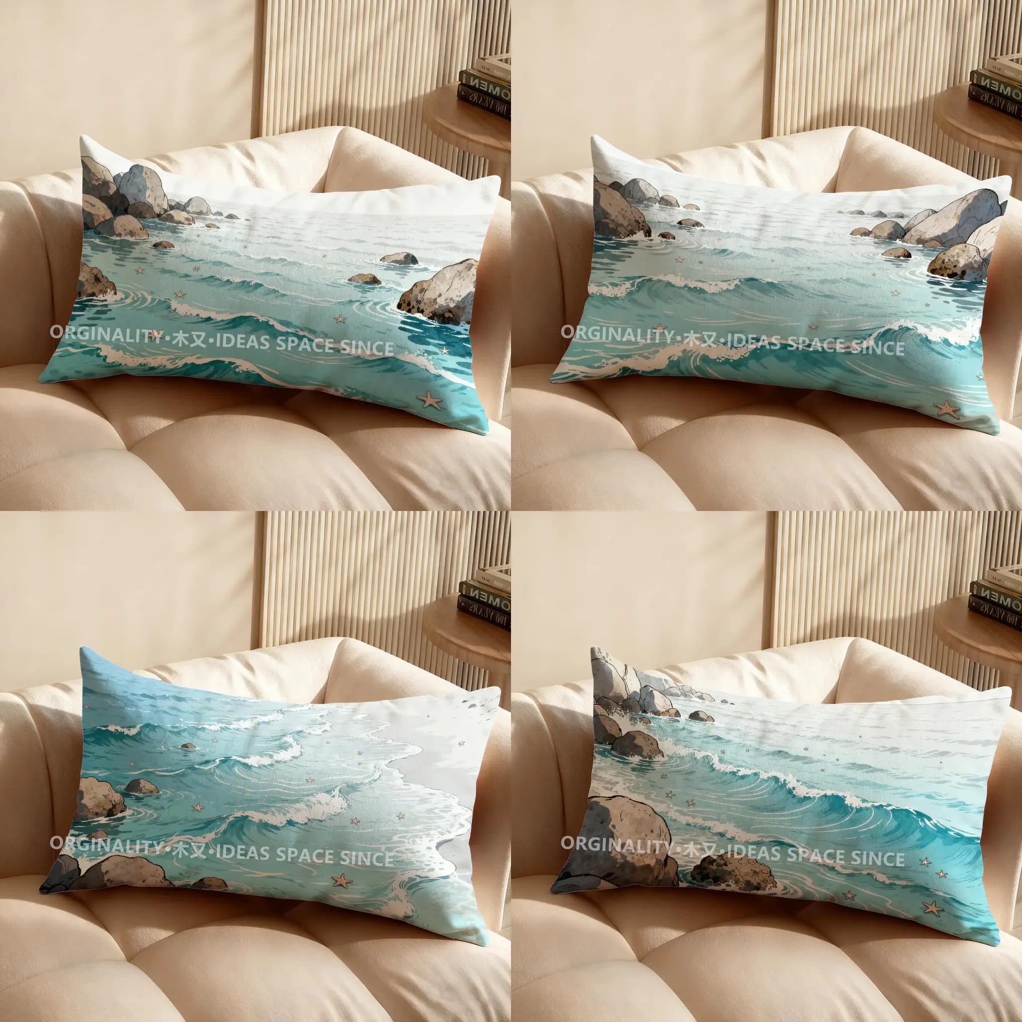 2D cushion with rocks and marine stars, suitable for sofa, bedroom, car, pillow lining, rectangular cushion for back