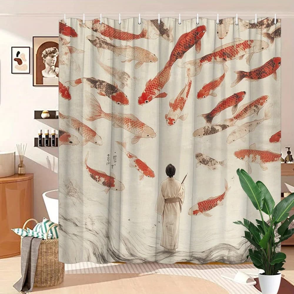 Tenda da doccia Koi Fish da 1 pezzo - Scena tradizionale giapponese, pesce rosso e arancione, poliestere, 70,8x70,8 pollici, 12 ganci, arredamento per il bagno