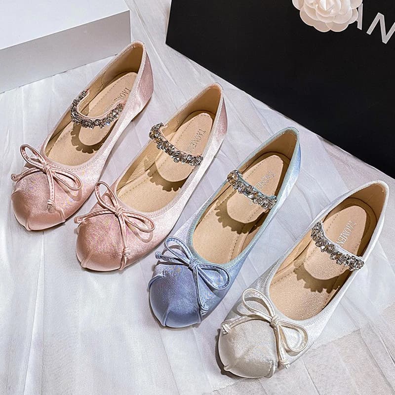 Mary Janes Women's Rhinestone Elastic Shoes Bowtie Silk Dance Shoes Women's Round Toe Moccasins Women's Wedding Shoes
