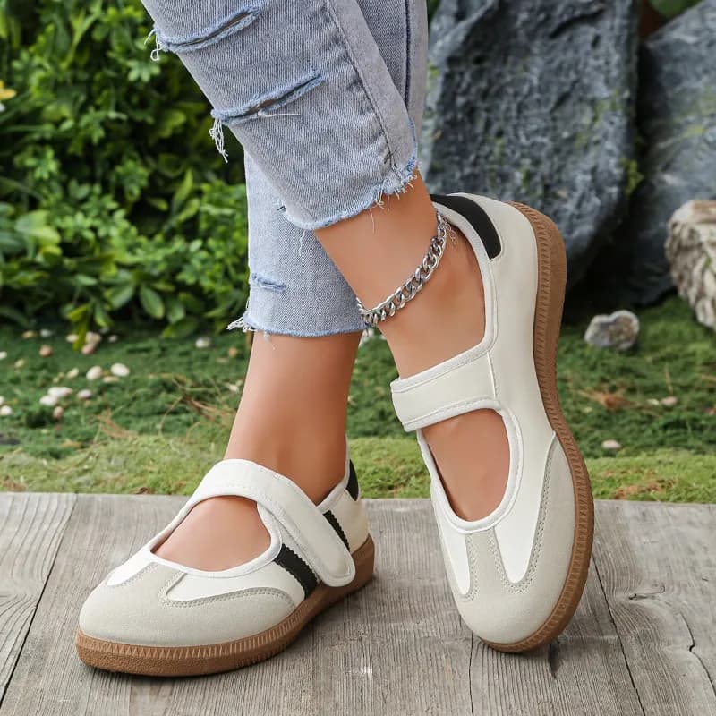 Women's Beige Black Stripe Mary Jane Sneakers Flat Round Toe Velcro Strap Comfortable Casual Daily Walking Shoes