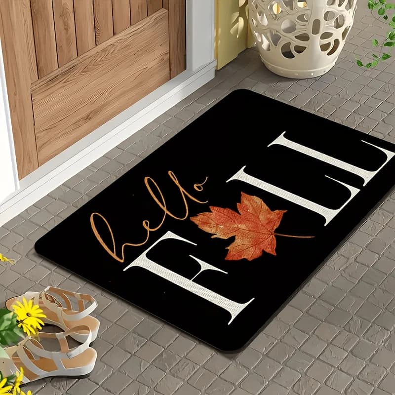 1pc 2D Flat Printing Flannel Material Door Mat, Flannel Rectangular Entrance Mat + 10mm Thickness + 500g/㎡, 1pc Autumn Thanksgiving Maple Leaf Themed Rectangular Welcome Doormat, Washable Doormat, Flannel Material Is Soft, Comfortable, and Easy