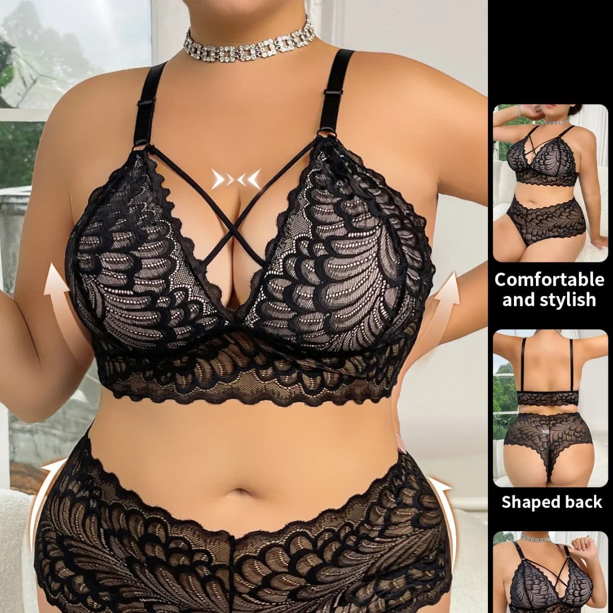 Set of seamless plus size lingerie, seamless deep V bralette and comfortable slips, breathable and sexy for woman