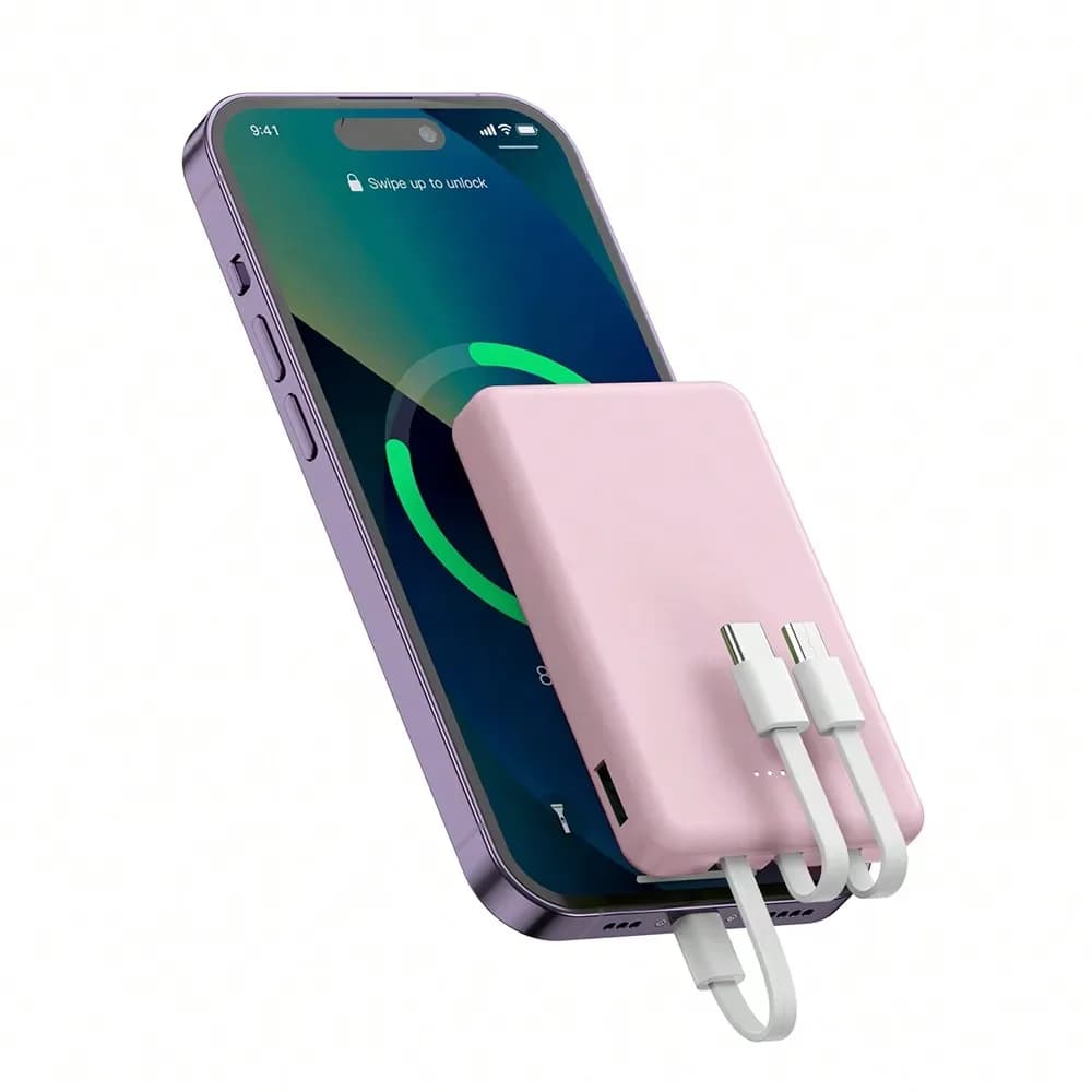 Mini Power Bank Portatile per Telefono 5000mAh, Ingresso Type-C, Blocco USB C, Uscita 4-USB con Cavo Type-C Integrato, Cavo Micro