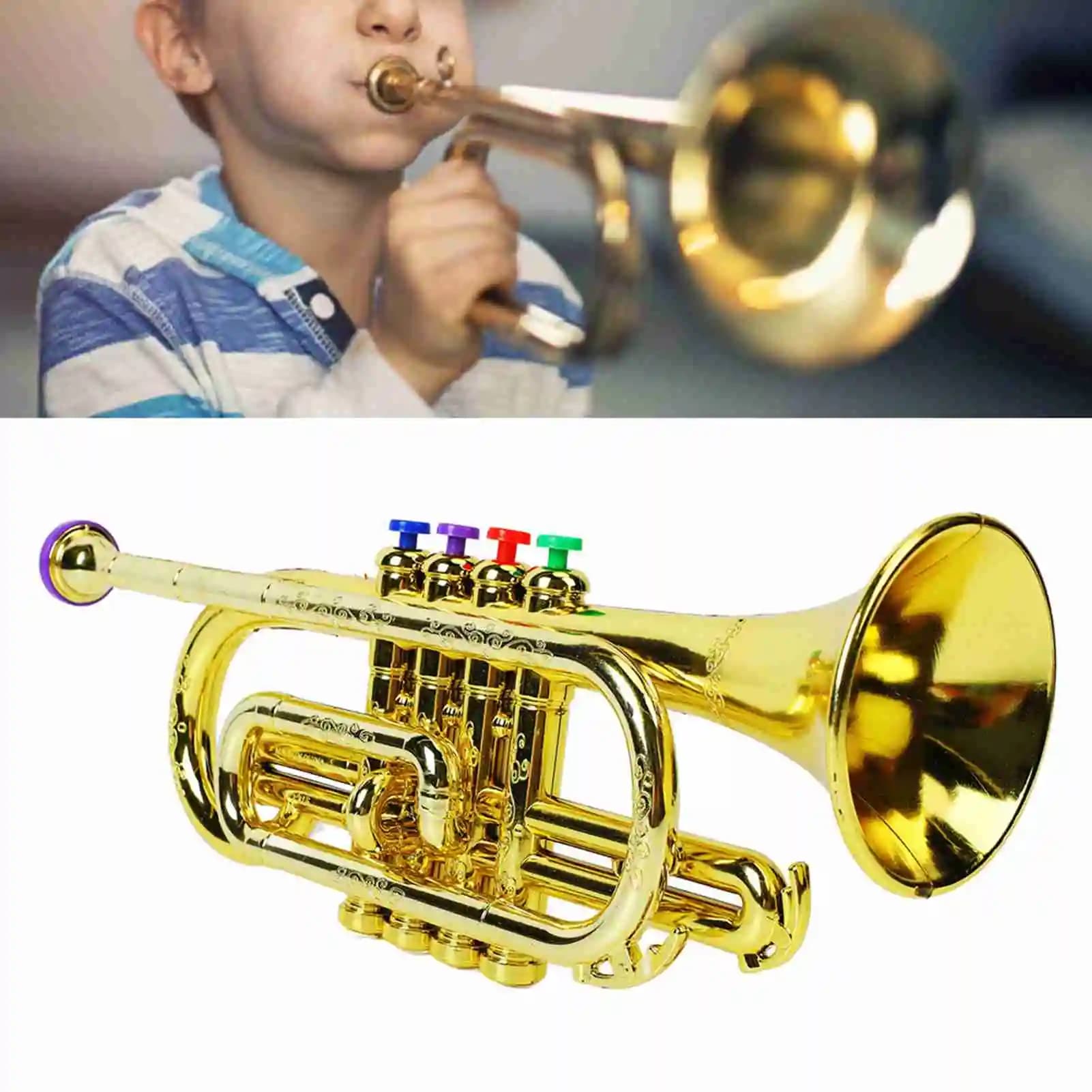 Giocattolo tromba per bambini in oro con 4 tasti colorati Interessante giocattolo musicale educativo per tromba per bambini Giocattolo tromba in plastica a 4 tasti