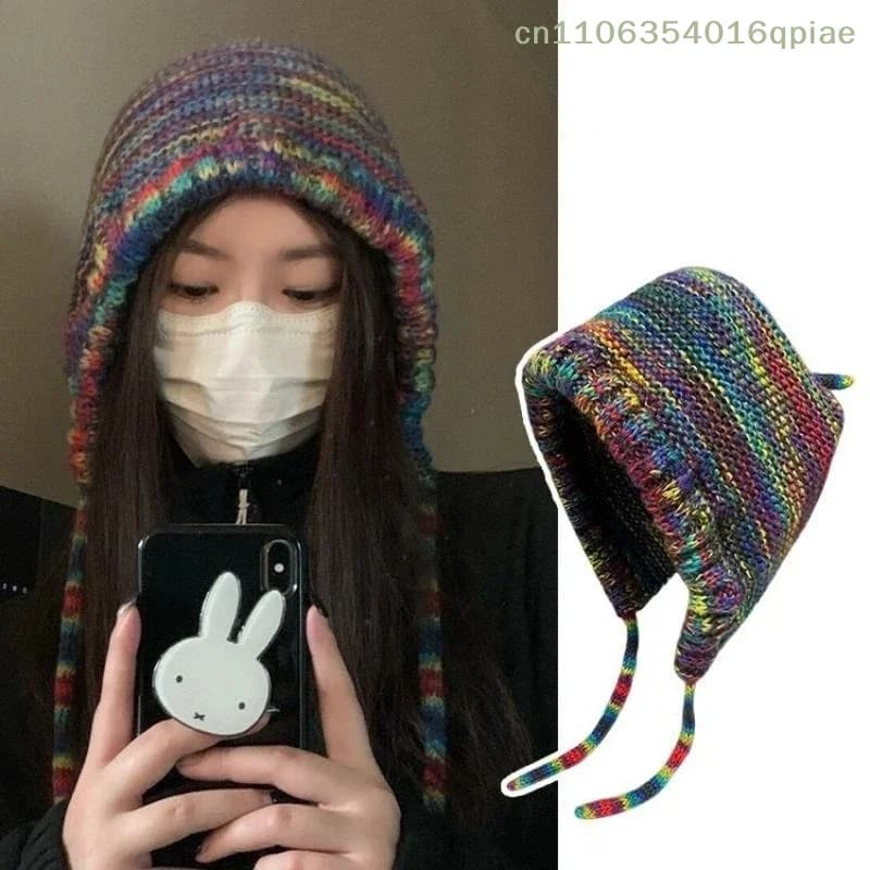 （Summer4）Nuovo berretto lavorato a maglia a righe arcobaleno per donna e ragazza, caldo cappello invernale all'uncinetto per la protezione delle orecchie