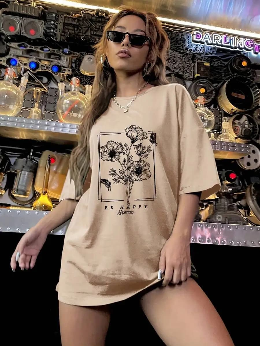 Womens Oversized Printed Cotton T-Shirt Loose Round Neck Short Sleeve Casual Top Apricot Leaf Pattern