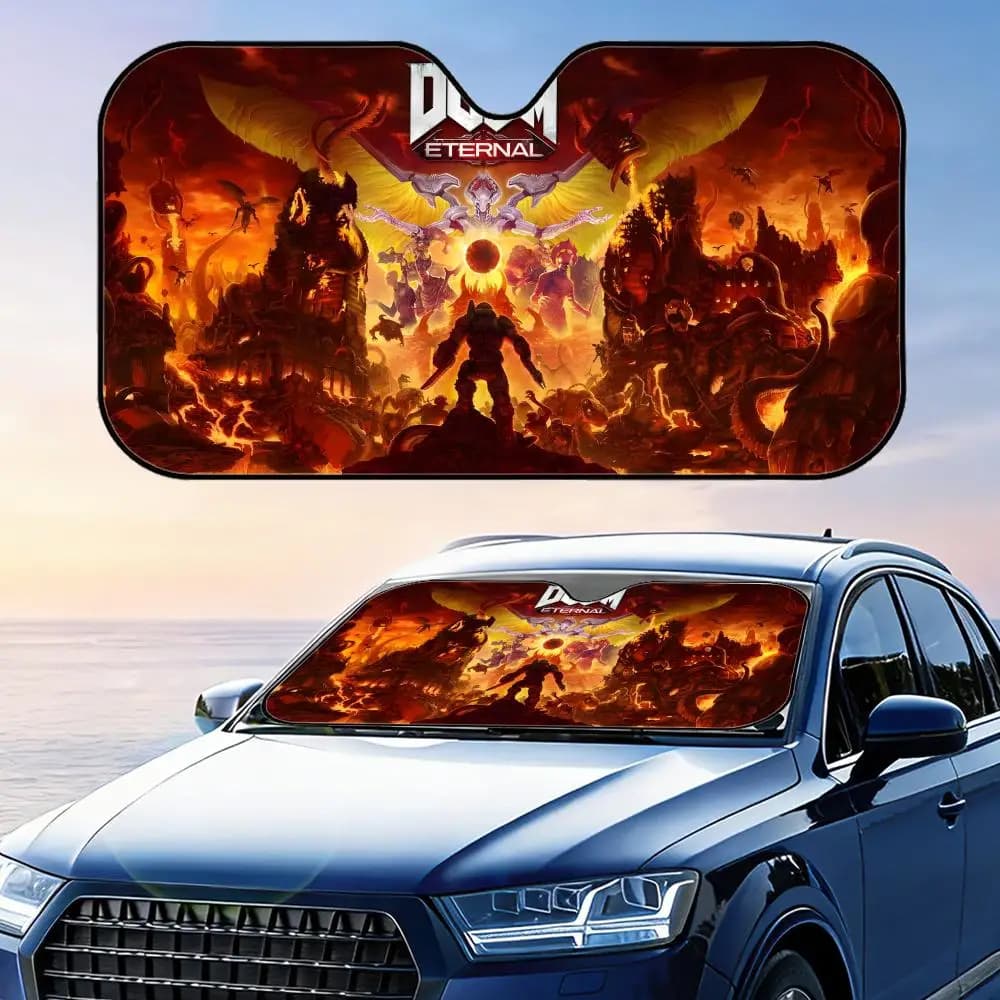 Game D-DOOM Eternal Sun Visor Parasole per auto riutilizzabile in foglio di alluminio Protezione UV Isolamento termico Copertura per parabrezza