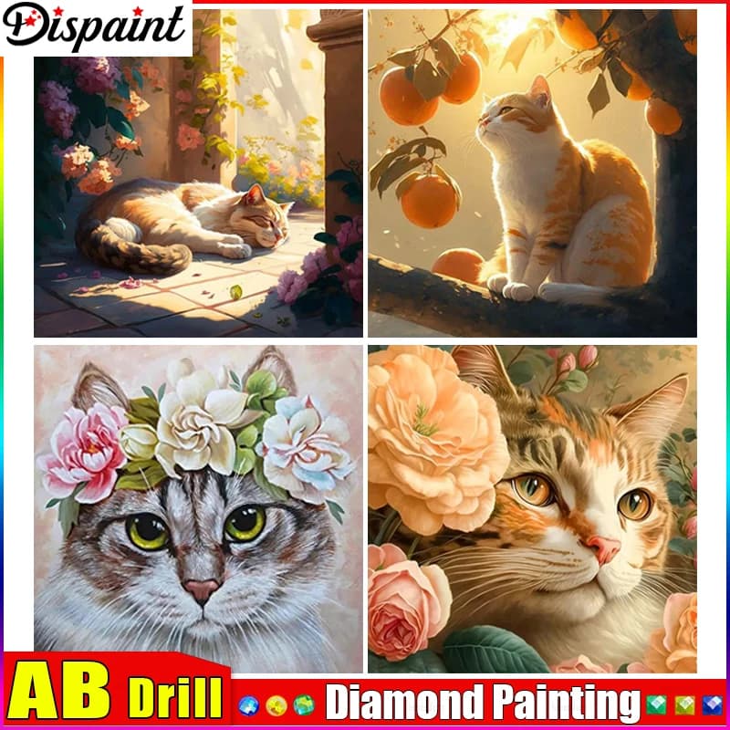 Dispaint AB 5D Diy Diamond Painting Cross Stitch "Cat Animal Flower" Home Decor Full Rhinestones Inlay Diamond Embroidery