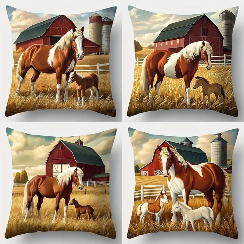 Pillow Covers Autumn Horse Foal Pattern Single Sided Print Decorative Polyester Fabric Hand Wash Zippered Cushion Case Cover No Insert For Home Living Room Bedroom Sofa Bed Couch Chair Car Office Cafe Patio Deck Bench Ornament Holiday Gift Everyday Cozy