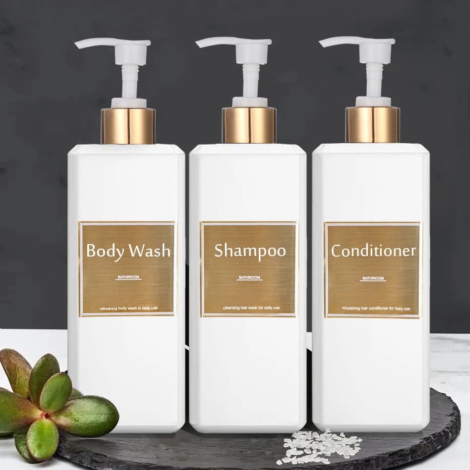 Bottiglia con pompa a pressione per dispenser di shampoo da 500 ml/16,9 once con etichette impermeabili dorate Bottiglie per il lavaggio del corpo del balsamo per shampoo da bagno