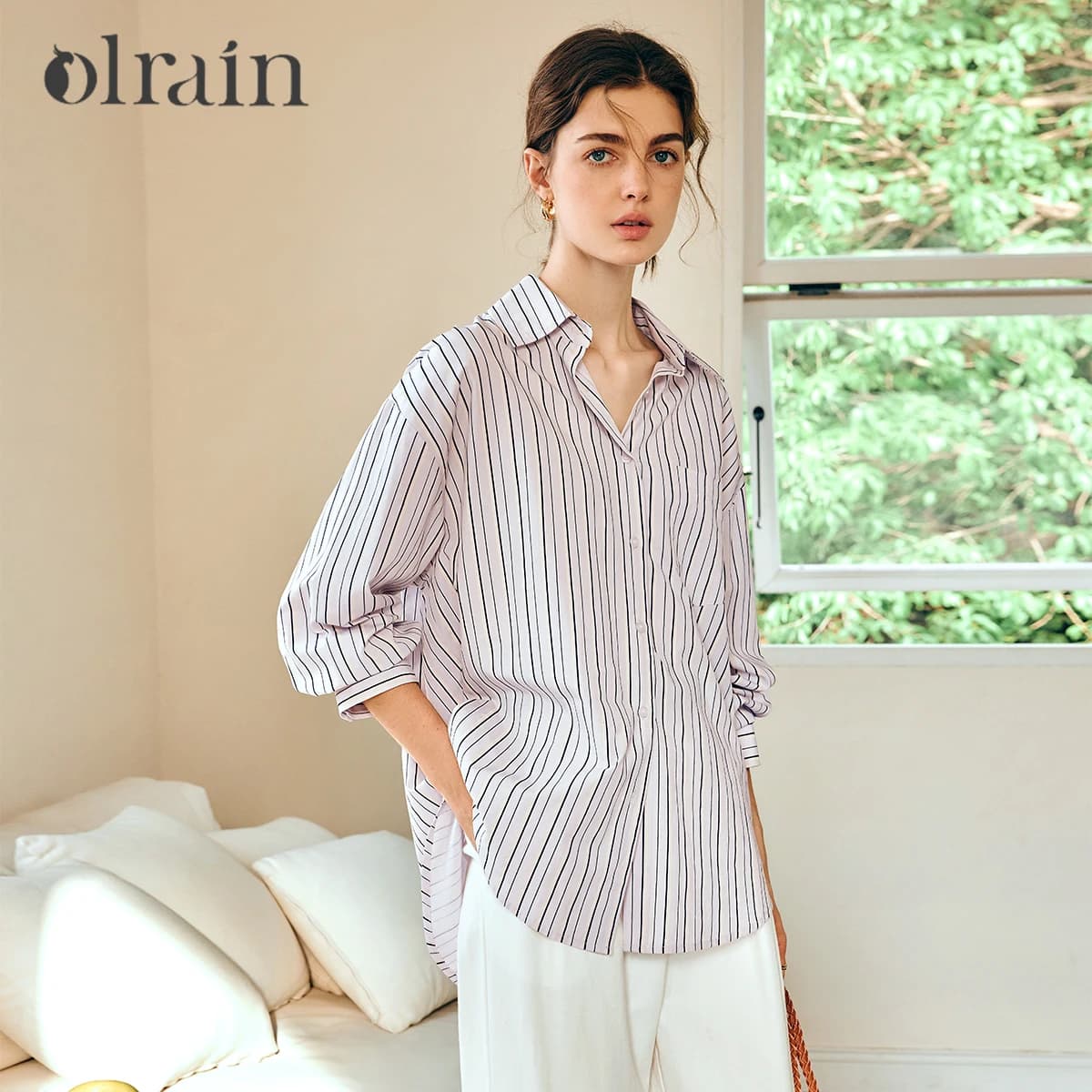 OLrain Striped Long Sleeve Shirt Women Autumn 2026 Lapel Button Up Blouse Commuter Chic Loose Ladies Clothing Tops N57CC96130