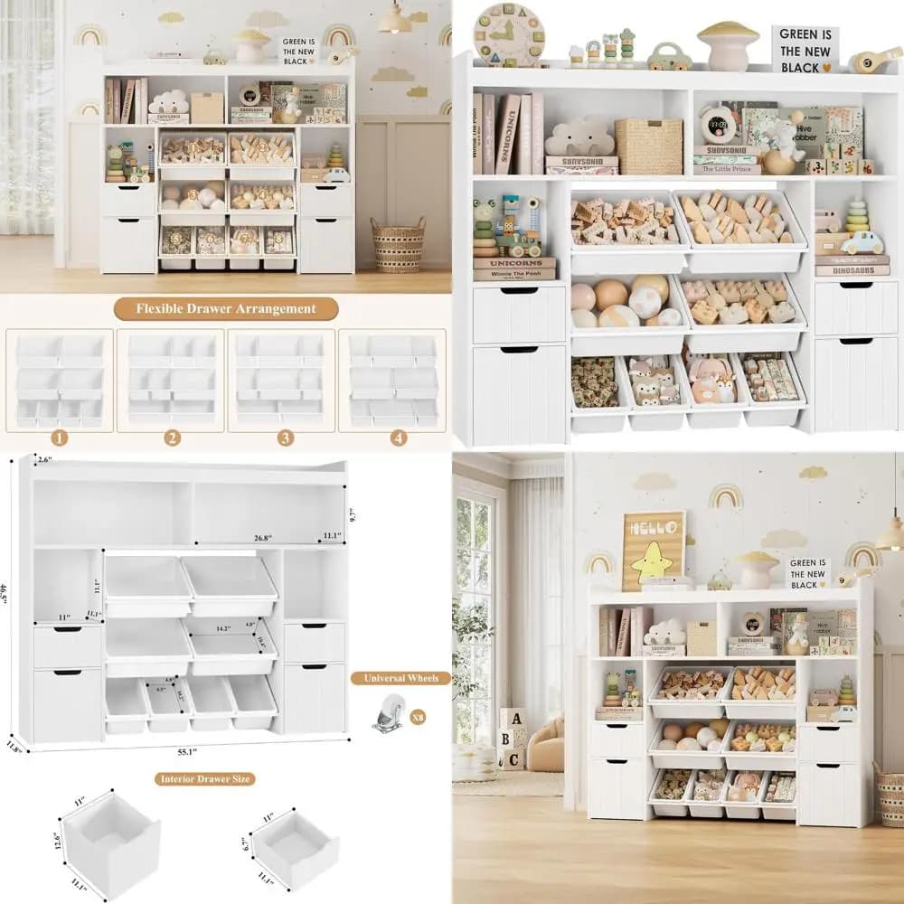 55" W Toy Storage Organizer with Ders, Large Kids Toy Storage Box with Removable Bins, Tall Kids Bookshel and Bookcase or Boys a