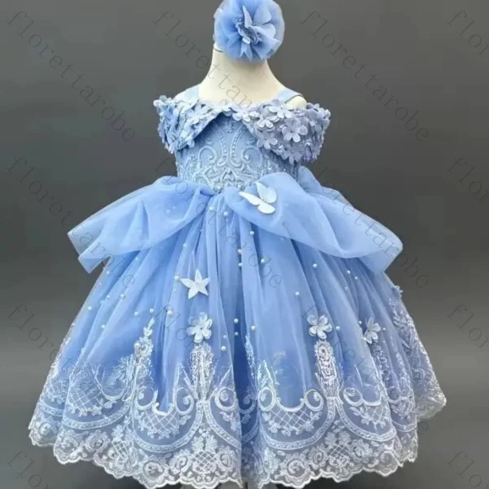 Customized Blue Lace Flower Girl Dress Off Shoulder Tulle Ball Gown Pearl Bow Floral Applique Wedding Birthday Party for Kids