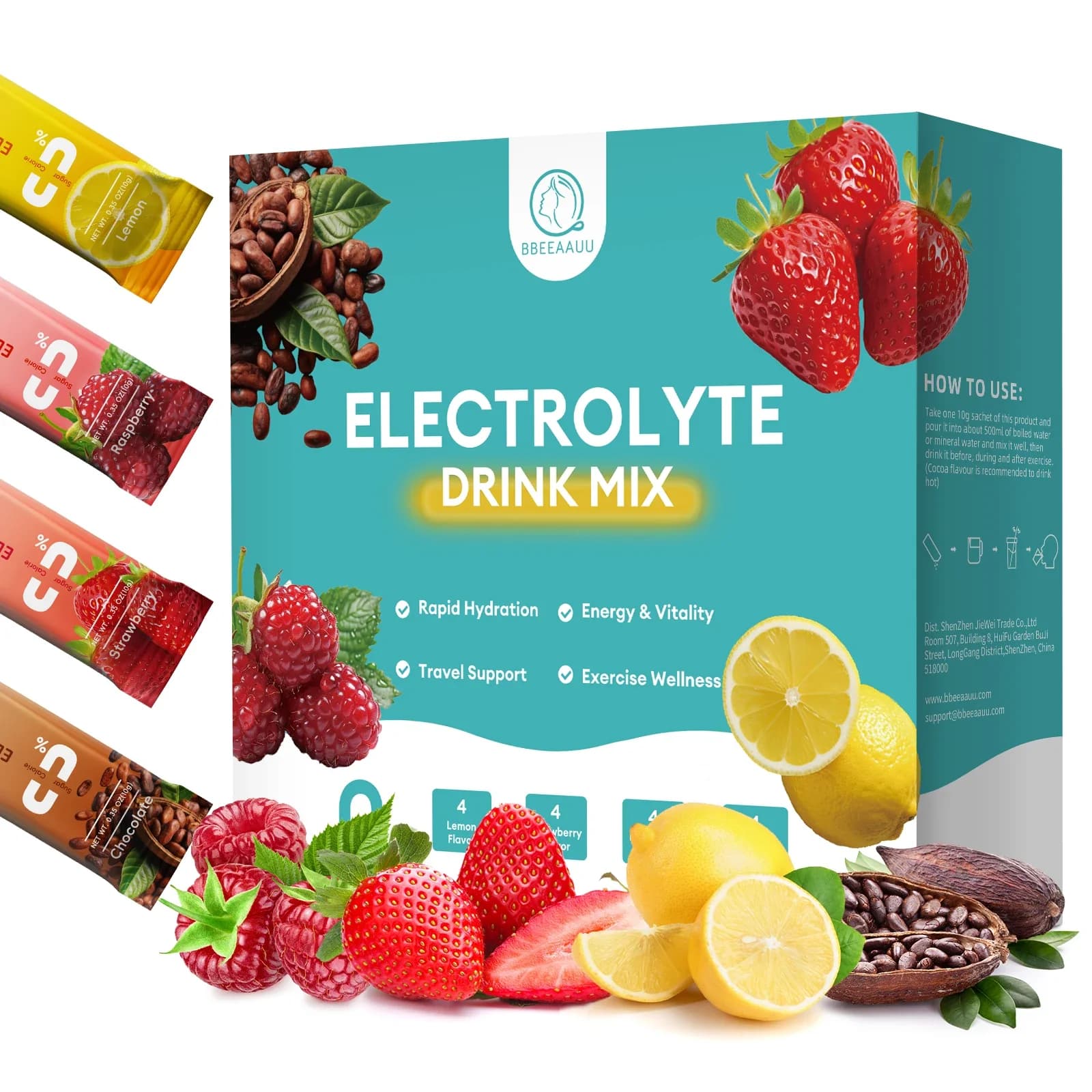 BBEEAAUU Bevanda Elettrolitica Minerale Gusti Cioccolato, Fragola, Lampone, Limone, Rifornisce Rapidamente Acqua, Energia e Vigore