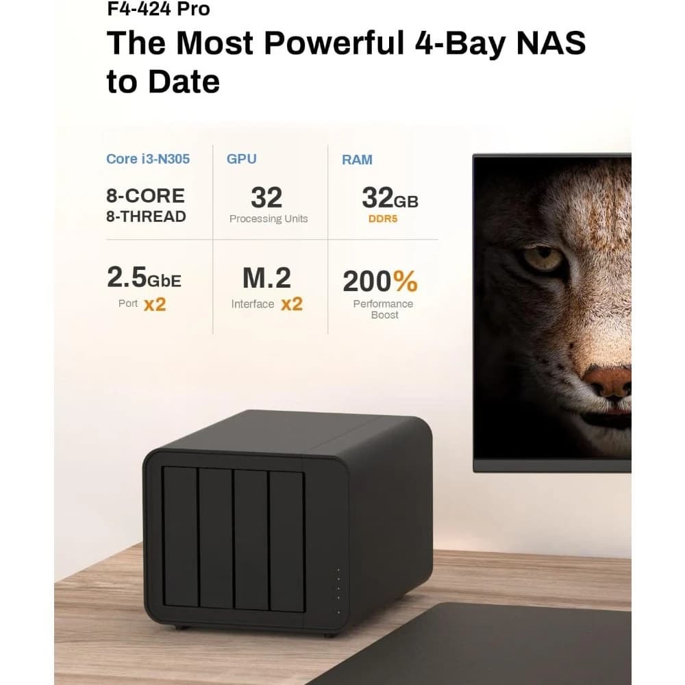 NAS ad alte prestazioni a 4 bay per aziende, senza dischi, con CPU Intel i3-N305 8-Core, 32GB DDR5, doppia rete 2.5GbE