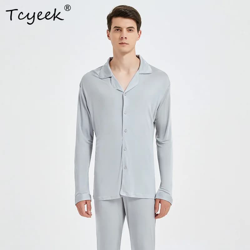 Tcyeek 30MM Risvolto Reale Pigiama di Seta di Gelso Set da Uomo Lavorato a Maglia a Maniche Lunghe Comodo di Grandi Dimensioni Casual Vestiti per La Casa S41111QC