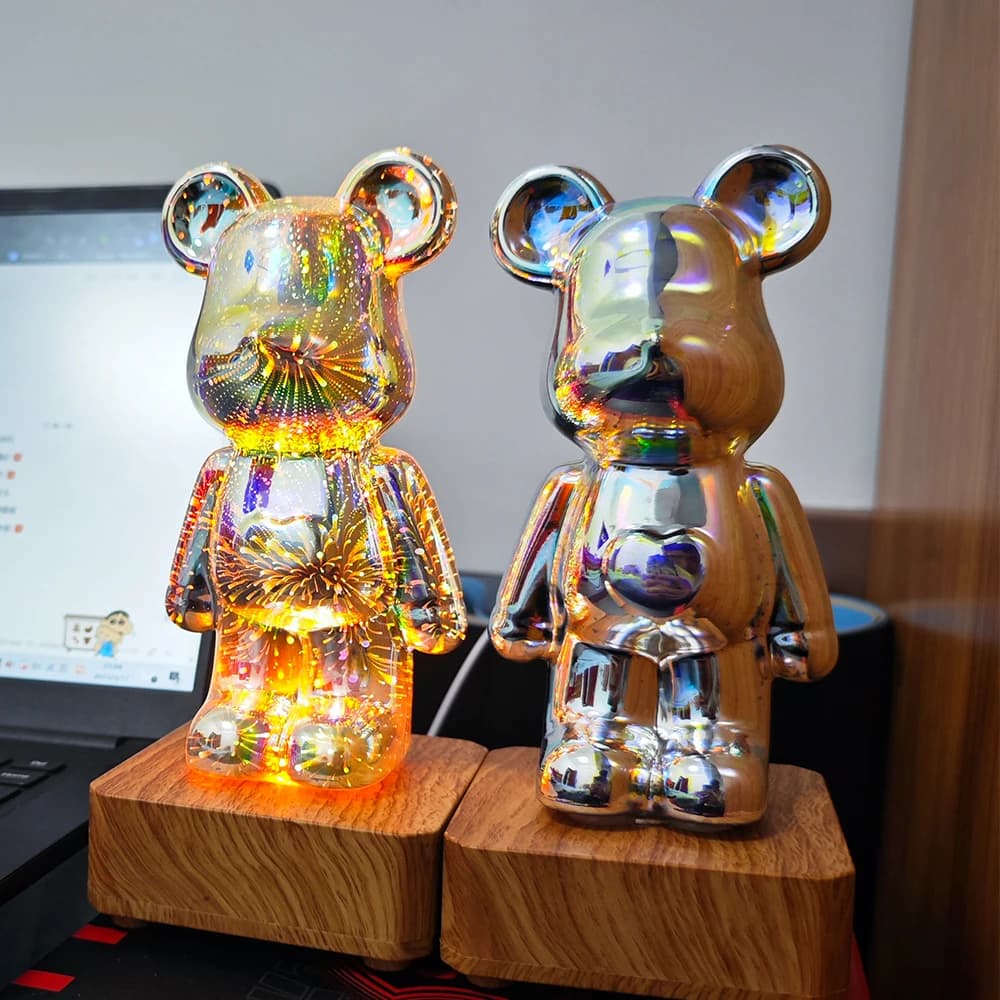 Lampada LED 3D a forma di orso con effetto fuochi d'artificio, luce notturna a LED con cambio di colore, lampada ambientale con proiettore USB per camera da letto, casa, regalo di compleanno per bambini