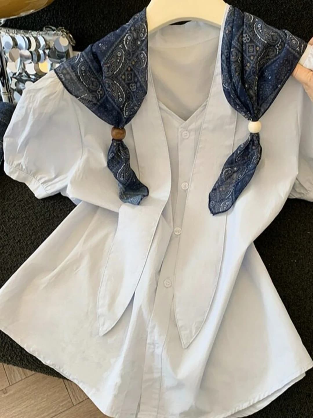 Korean Style Silk Scarf Shoulder Wrap Short Sleeve Women's Shirt Summer 2026 New Fashion Slimming Top Casual Style